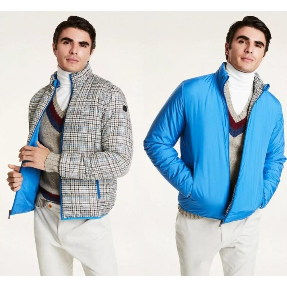 Brooks Brothers jacket mens Large plaid puffer reversible full zip houndstooth